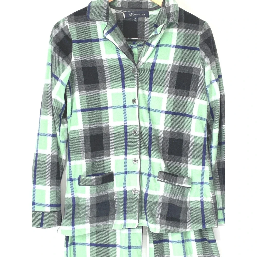 Anne Klein Women Pajama Set S Fleece Green Plaid‎ Button Down Cozy